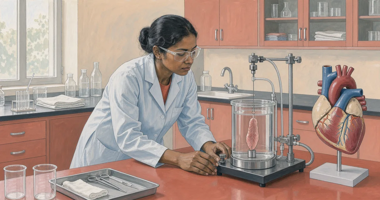 A technician examining a suspended tissue strip in a glass organ bath beside a heart teaching model