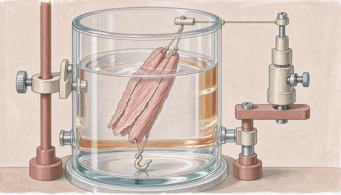 An illustrated tissue strip suspended between a lower support and a force transducer in a glass bath