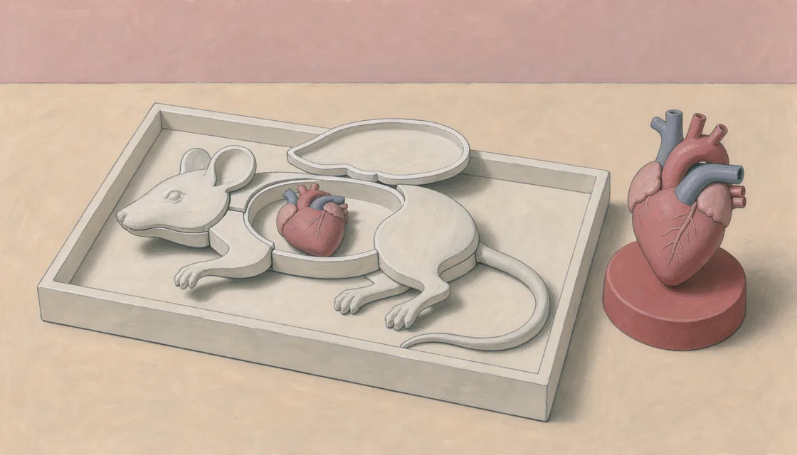 An enlarged mouse anatomy teaching model opened at the chest, with a separate small heart model beside it