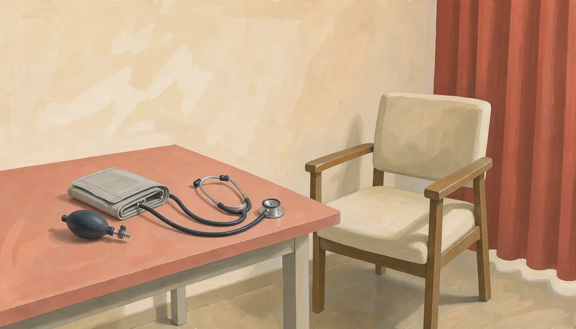 A blood-pressure cuff and stethoscope resting on a table beside an empty research-visit chair